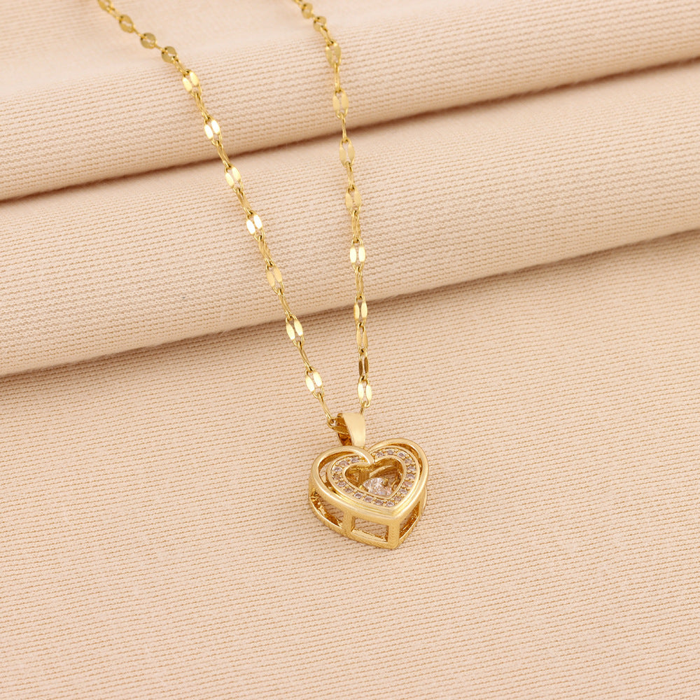 Double-Layer Titanium Love Necklace with Rhinestones