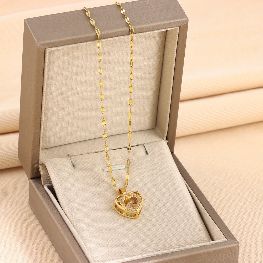 Double-Layer Titanium Love Necklace with Rhinestones