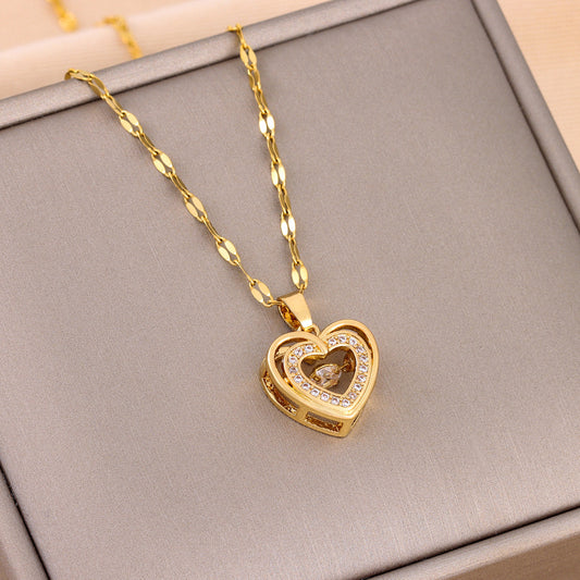 Double-Layer Titanium Love Necklace with Rhinestones