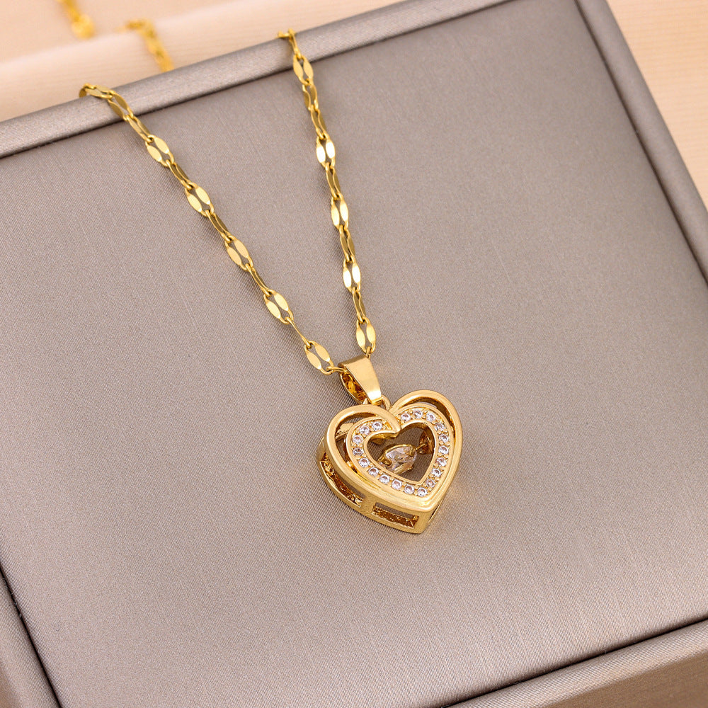 Double-Layer Titanium Love Necklace with Rhinestones