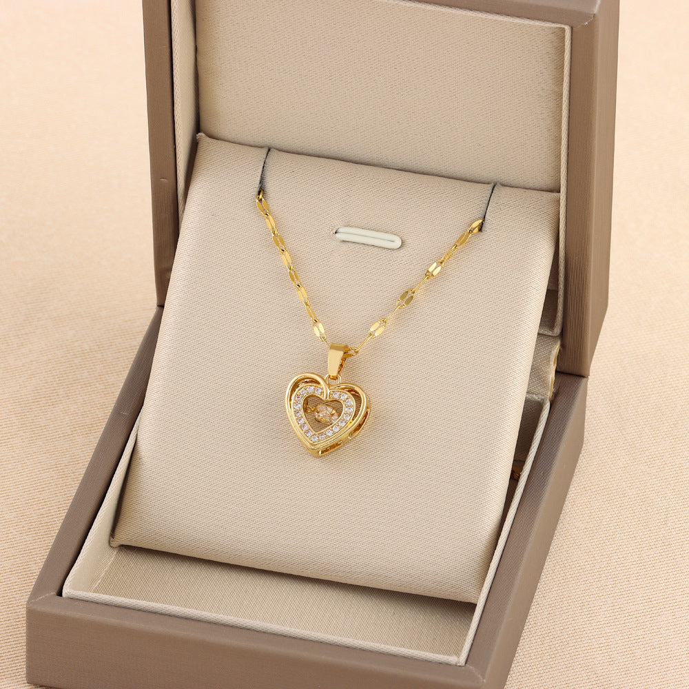 Double-Layer Titanium Love Necklace with Rhinestones